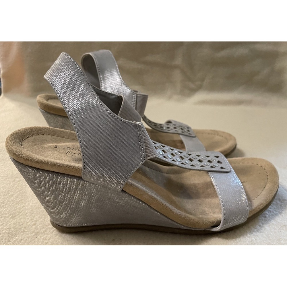 St Johns Bay Luna Womens 8 M Silver Wedge Mid Heel Strappy Sandals 1060375 3"